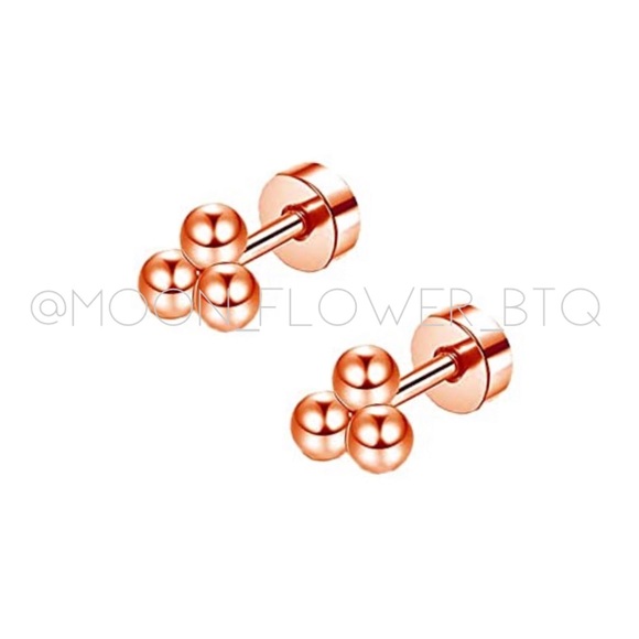 Tiny Rose Gold Triple Ball Dot Flat Back Earrings - Picture 7 of 7
